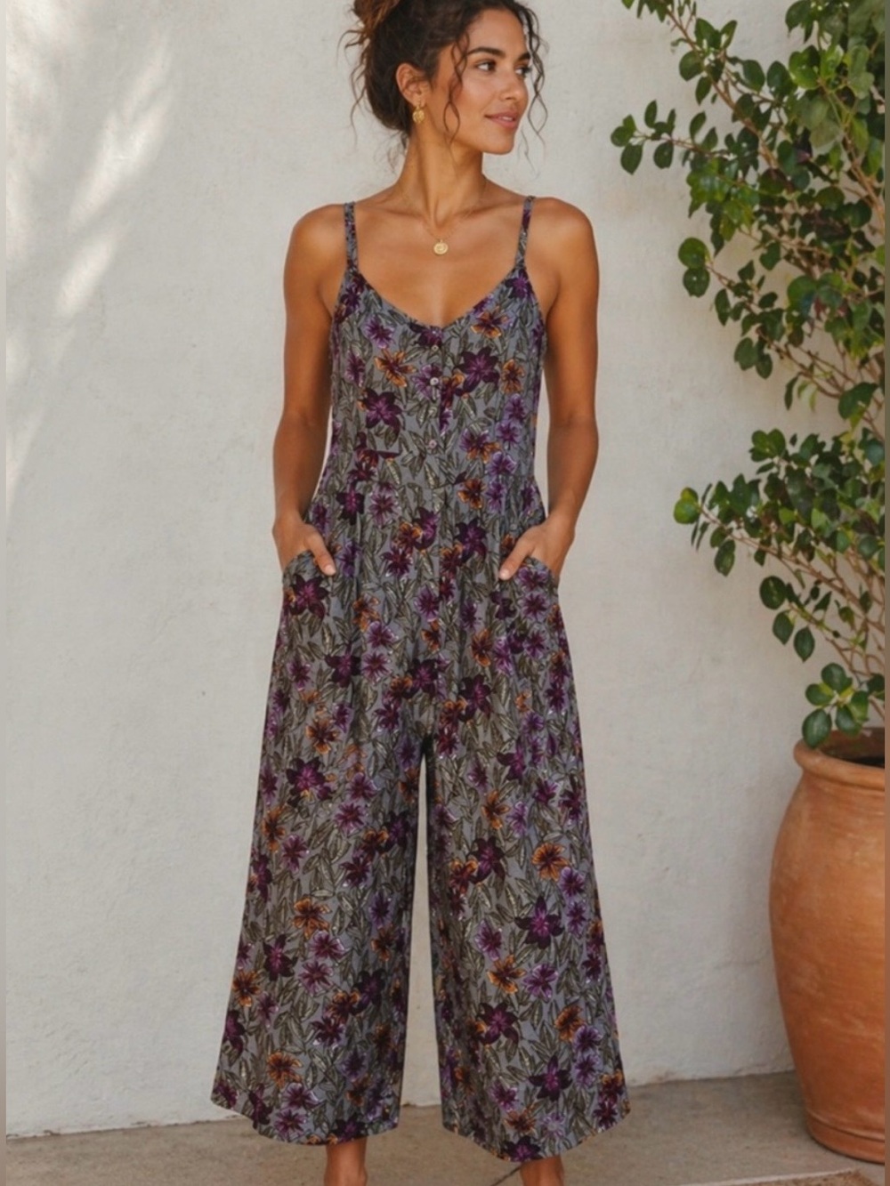 Fat Face Talli Floral Wide Leg Jumpsuit Pockets Gray Purple Women’s 4